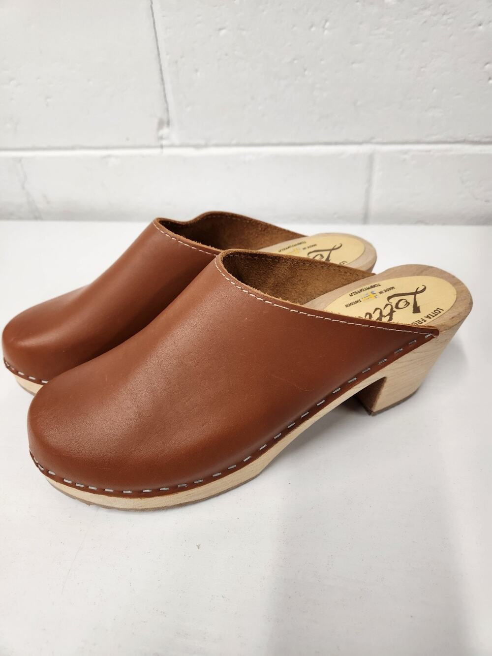 Lotta's From Stockholm Women's Leather & Wood Swedish Clogs, Size 40 (9) Brown